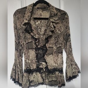 Gorgeous Ruffled V-Neck Blouse with Flared Lace Sleeves L/XL